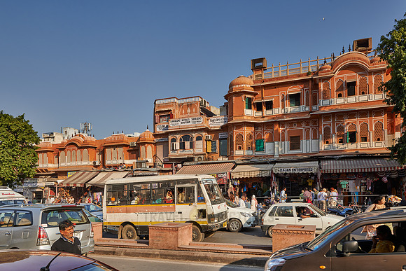 colorful streetlife and typical facades of houses in Jaipur