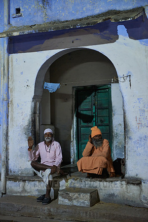 night shot of two traditional dressed men in street of Pushkar
