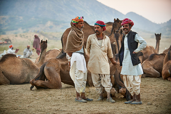 nomadic tribe men with traditional turbans haggle for prices
