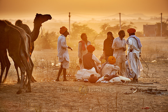nomadic tribe men with traditional turbans haggle for prices