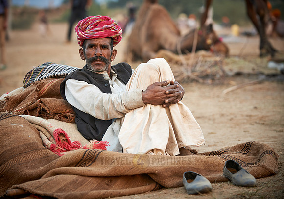 nomadic tribe men with traditional turbans, camel and livestock fair