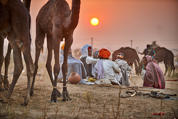 nomadic tribe men with traditional turbans haggle for prices