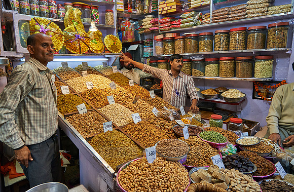 shop with nuts on Old Dehli spice market