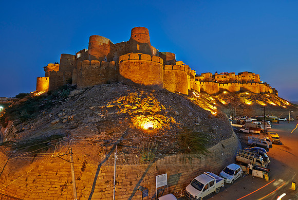 night shot of illuminated city wal of Jaisalmer