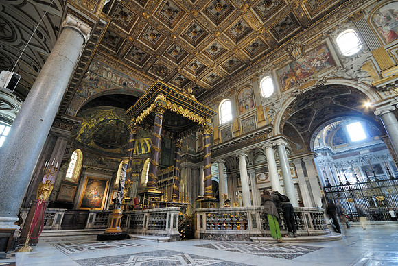 the ceiling and altar and baldacchino with baroque ornamentation of Basilica di Santa Maria Maggiore