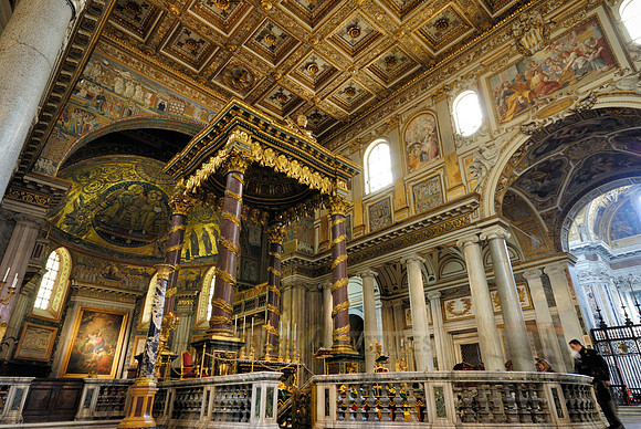 the ceiling and altar and baldacchino with baroque ornamentation of Basilica di Santa Maria Maggiore