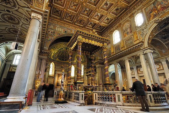 the ceiling and altar and baldacchino with baroque ornamentation of Basilica di Santa Maria Maggiore