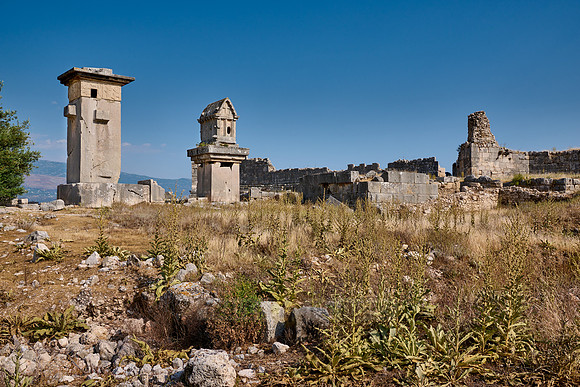 Sarcophagus and Harpy Pillar in ruins of ancient city Xanthos