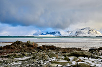 winter landscape with sea and mountains at Sandbotnen, Lofoten