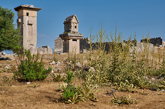 Sarcophagus and Harpy Pillar in ruins of ancient city Xanthos