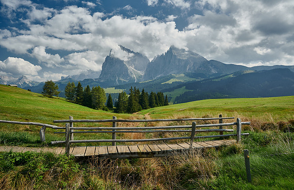 Alpe di Siusi with view on Plattkofel, Langkofel and Sella group