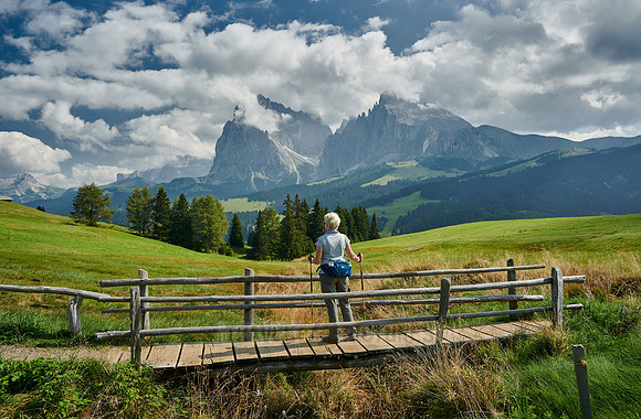 Alpe di Siusi with view on Plattkofel, Langkofel and Sella group