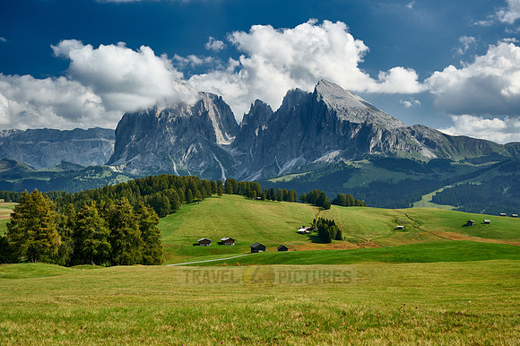 Alpe di Siusi with view on Plattkofel, Langkofel and Sella group