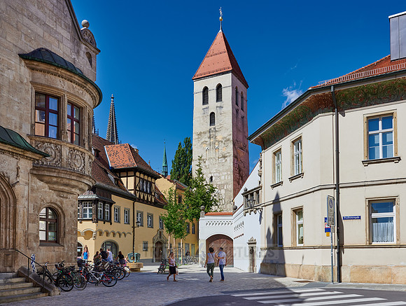 Bachfischer tea house and church tower of the Collegiate Monastery of our Lady of the Old Chapel