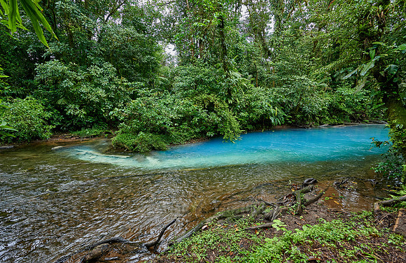 the confluence of two rivers the blue river Rio Celeste is formed