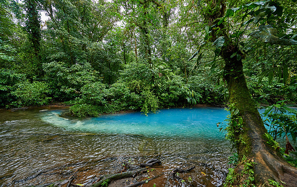the confluence of two rivers the blue river Rio Celeste is formed