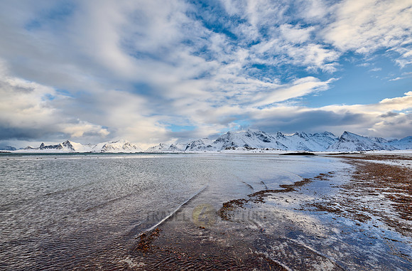 winter landscape with sea and mountains at Sandbotnen, Lofoten