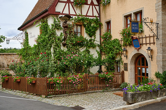 Facade of the castle hotel overgrown with plants