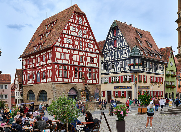 Two half-timbered houses at market square of Rothenburg ob der Tauber