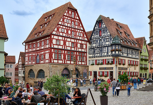 Two half-timbered houses at market square of Rothenburg ob der Tauber