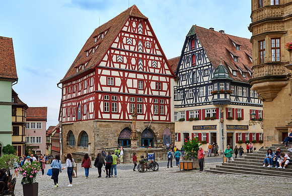 Two half-timbered houses at market square of Rothenburg ob der Tauber