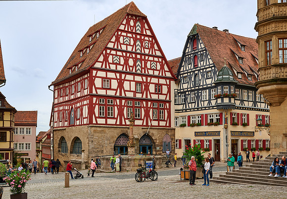 Two half-timbered houses at market square of Rothenburg ob der Tauber