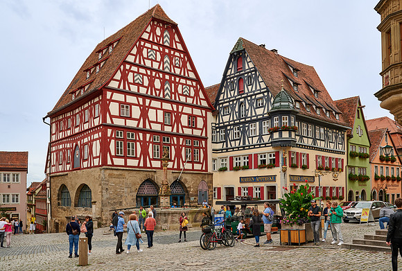 Two half-timbered houses at market square of Rothenburg ob der Tauber