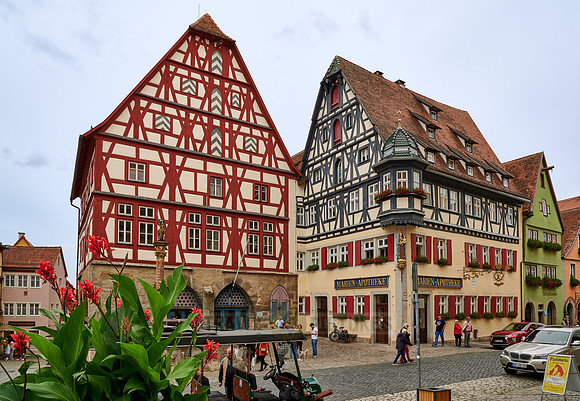 Two half-timbered houses at market square of Rothenburg ob der Tauber