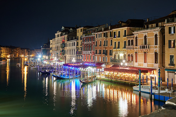 Night shot of the Grand Canal from the Rialto Bridge