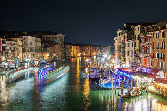 Night shot of the Grand Canal from the Rialto Bridge