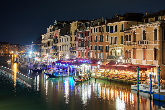 Night shot of the Grand Canal from the Rialto Bridge