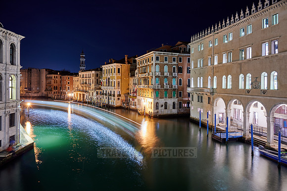 Night shot of the Grand Canal from the Rialto Bridge