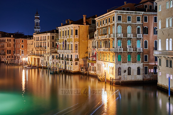 Night shot of the Grand Canal from the Rialto Bridge
