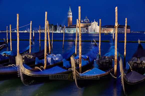 night shot gondolas with San Giorgio Maggiore in the background