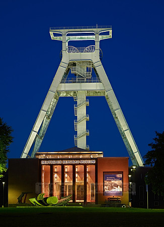 night shot of illuminated German mining museum, Bochum