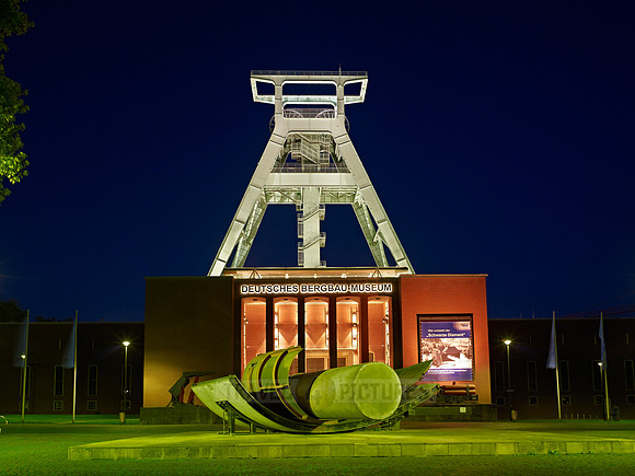 night shot of illuminated German mining museum, Bochum