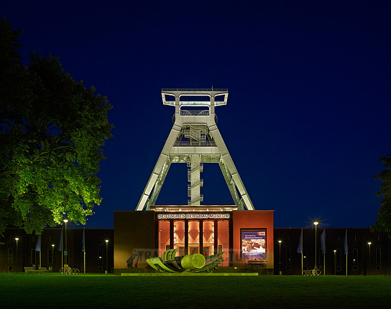 night shot of illuminated German mining museum, Bochum