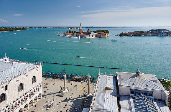 Aerial views from St. Mark's Tower on San Giorgio Maggiore in the Venice lagoon