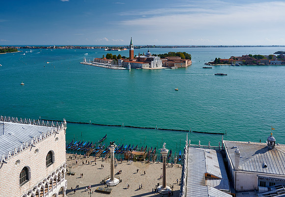 Aerial views from St. Mark's Tower on San Giorgio Maggiore in the Venice lagoon