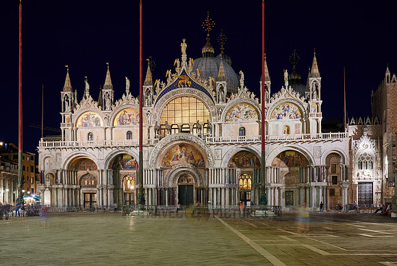 illuminated famous St Mark's Basilica or Basilica di San Marco