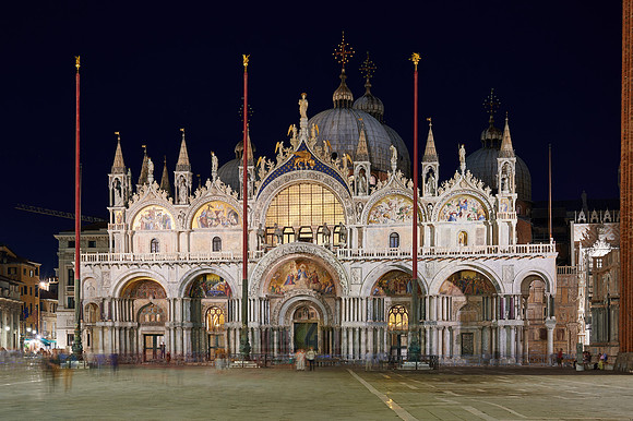 illuminated famous St Mark's Basilica or Basilica di San Marco