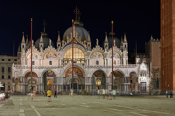 illuminated famous St Mark's Basilica or Basilica di San Marco