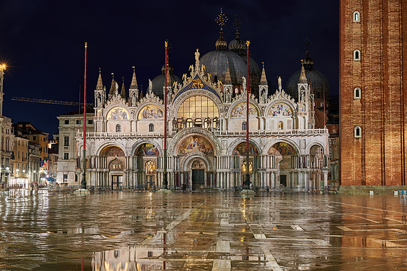 illuminated famous St Mark's Basilica or Basilica di San Marco