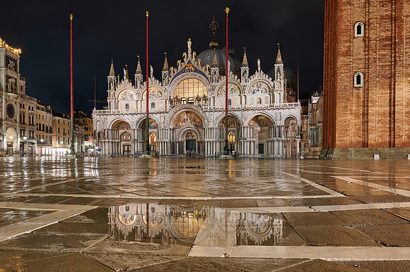 illuminated famous St Mark's Basilica or Basilica di San Marco