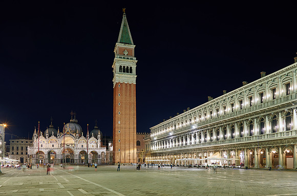 illuminated Piazza San Marco or St Mark's Square with St Mark's Basilica