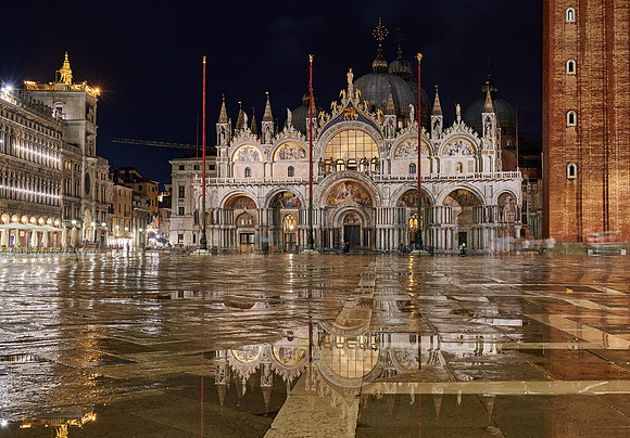 illuminated famous St Mark's Basilica or Basilica di San Marco