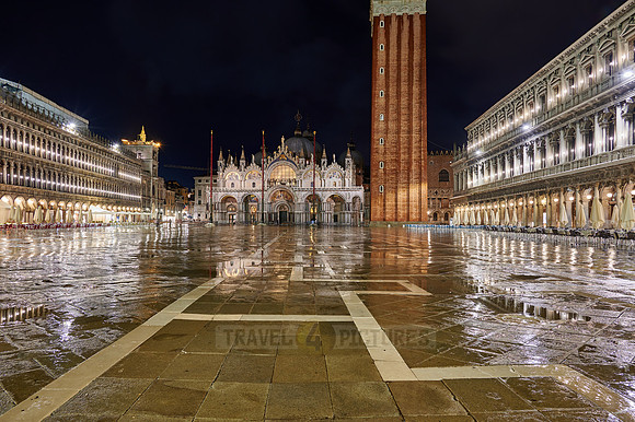 illuminated Piazza San Marco or St Mark's Square with St Mark's Basilica