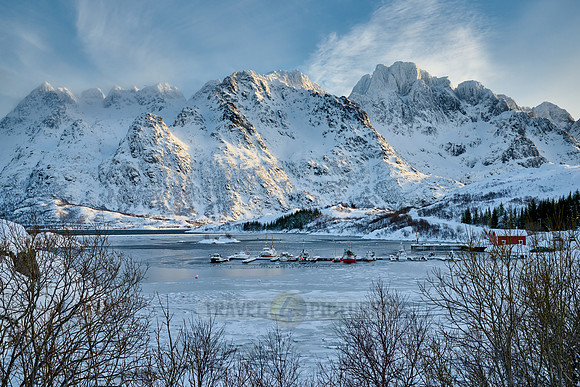 Winter landscape with mountains and sea at the viewpoint of Austnesfjorden