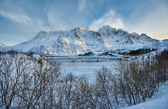Winter landscape with mountains and sea at the viewpoint of Austnesfjorden