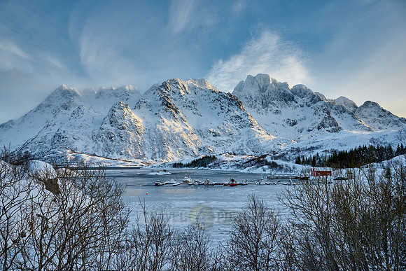 Winter landscape with mountains and sea at the viewpoint of Austnesfjorden